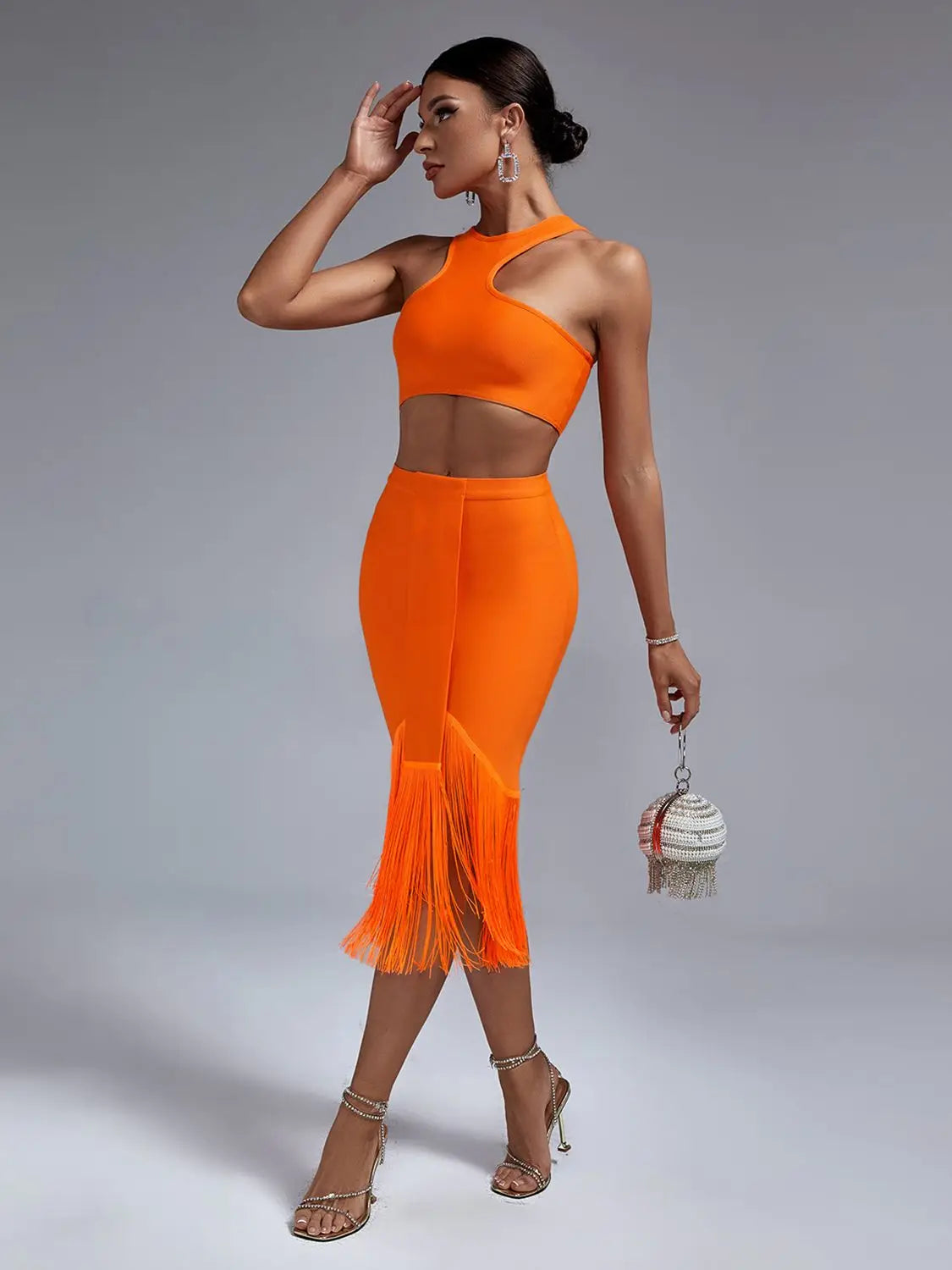 12072452 Bandage Two Piece Set Top and Skirt Women Elegant Sexy Fringed Orange 2 Piece Set Birthday Evening Party Club Outfits Summer - jurk.store