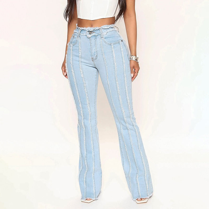 15072420 New High Elastic Medium Waist Raw Edge Women's Denim Trousers - jurk.store