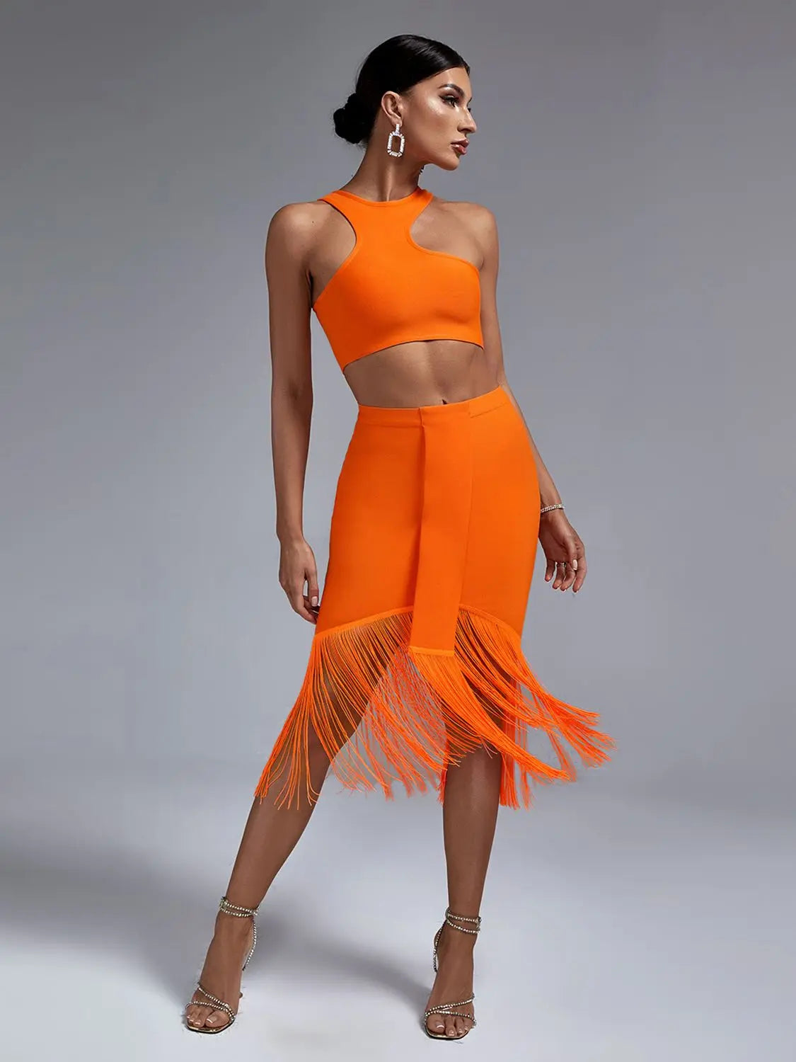 12072452 Bandage Two Piece Set Top and Skirt Women Elegant Sexy Fringed Orange 2 Piece Set Birthday Evening Party Club Outfits Summer - jurk.store