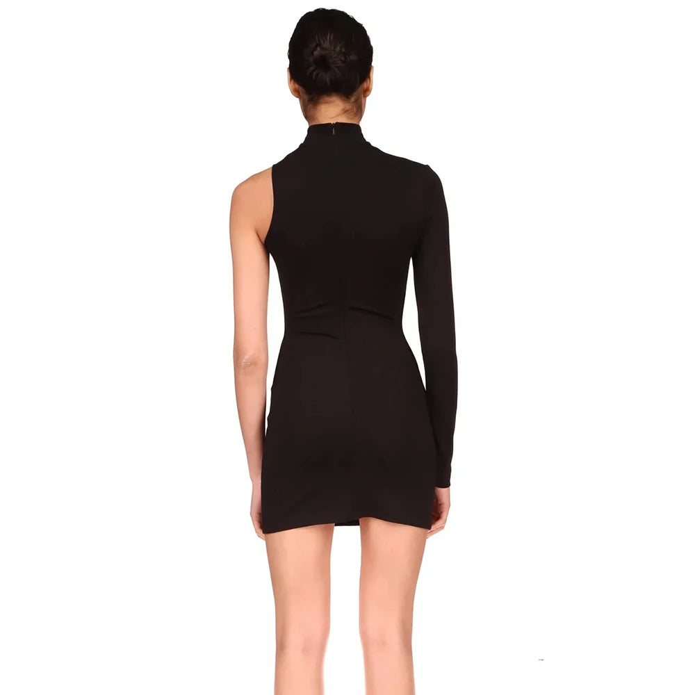 14072475 Standing collar single shoulder sleeve hollow slim fit wrap buttocks solid color dress - jurk.store