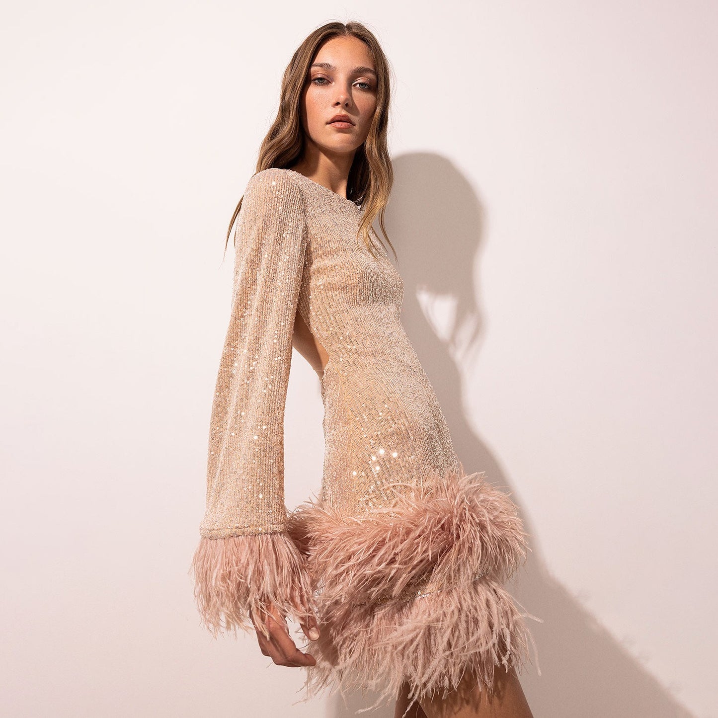 14072467 European and American waist length sexy short skirt dress with large backless long sleeved sequin feather dress - jurk.store