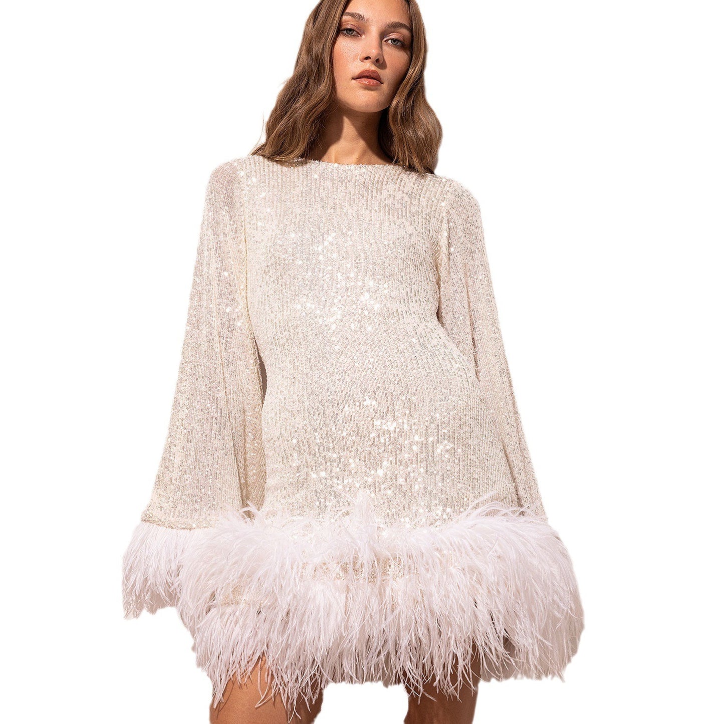 14072467 European and American waist length sexy short skirt dress with large backless long sleeved sequin feather dress - jurk.store