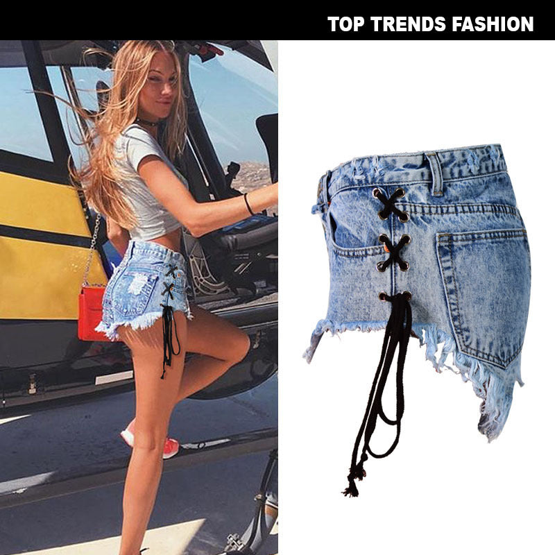 15072431 Women's Summer High Waist Breasted Frayed Double Side Lace Ladies Denim Shorts Hot Pants - jurk.store