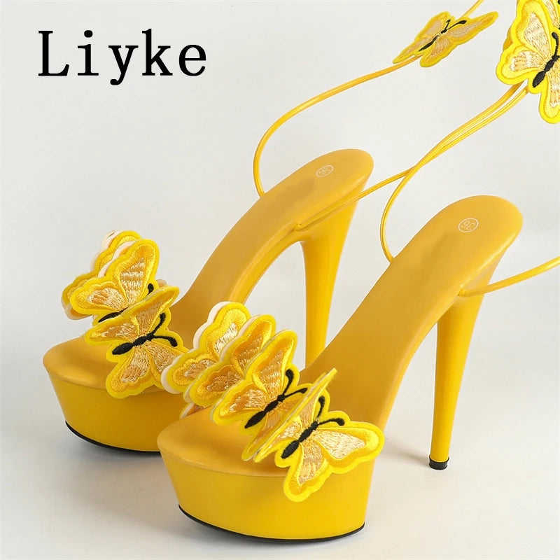 AE072416 Liyke New Pink Yellow Cross Strap Platform Sandals Women Handmade Embroidery Butterfly Open Toe Elegant High Heels Shoes - jurk.store