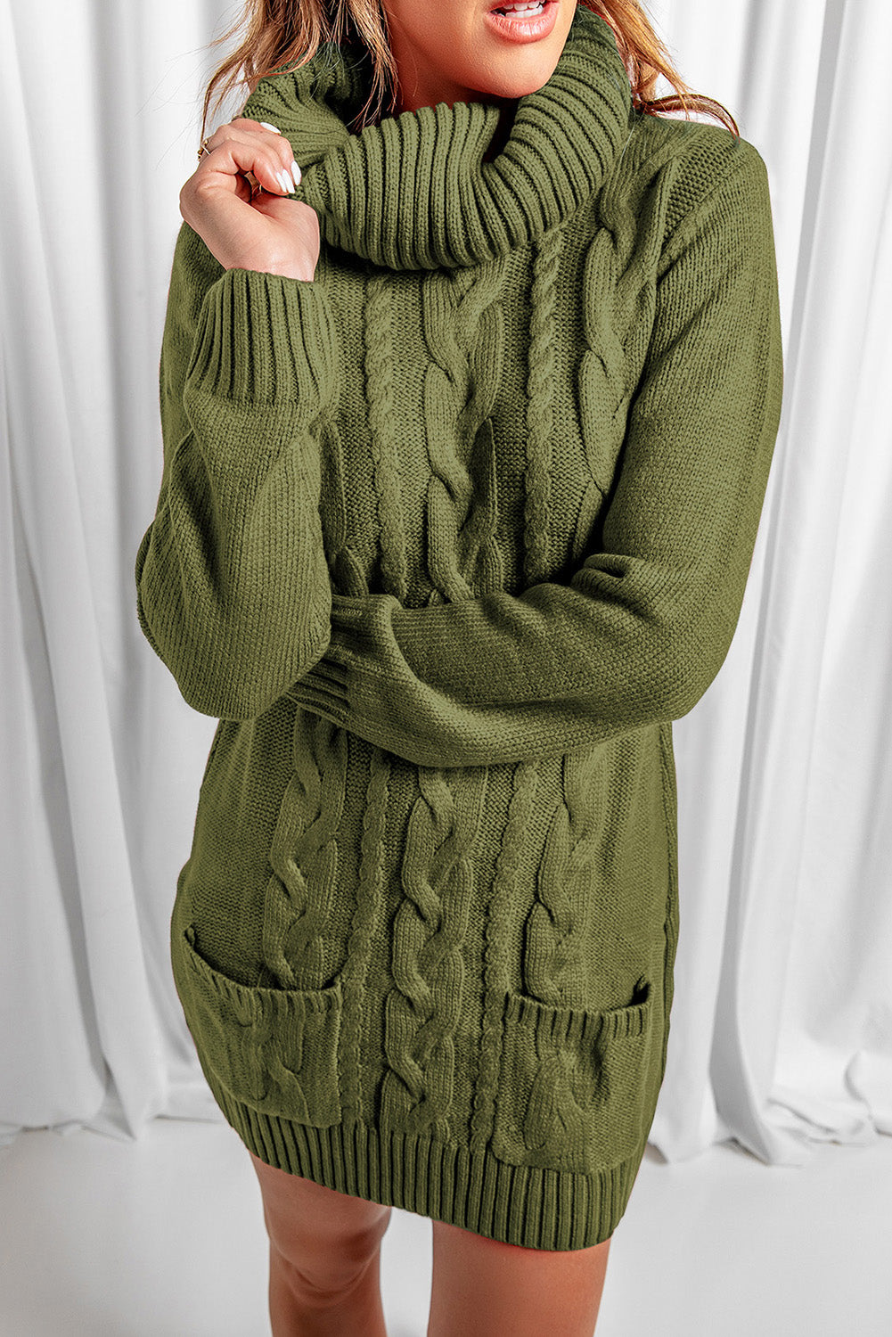 12072443 Olive Cowl Neck Cable Knit Sweater Dress - jurk.store