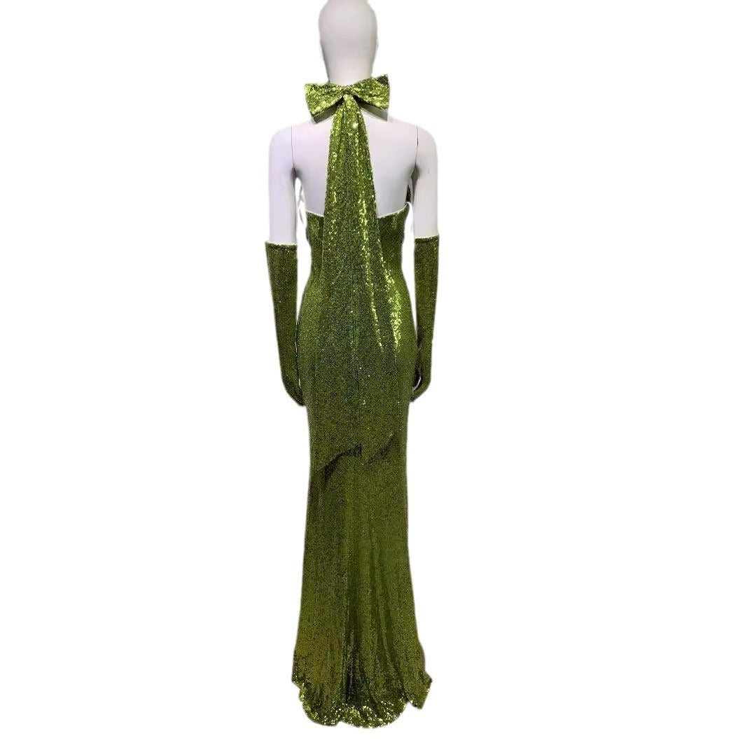 13072436 Elegant backless halterneck sexy sequined green elegant hollow bodycon floor length dress party party dress - jurk.store