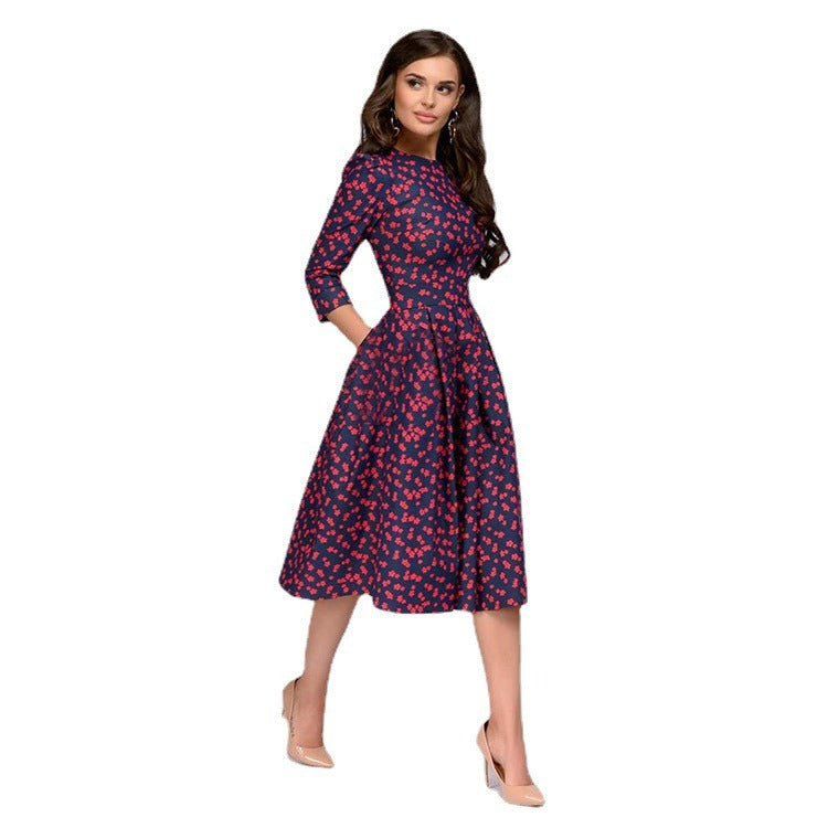 11072431 Retro Small Fragmented Flower 3/4 Sleeve Round Neck Dress - jurk.store