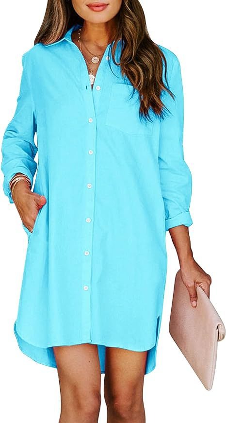 11072453 Women's button up shirt dress with pockets, cotton button up waist tied long sleeved solid color high and low shirt - jurk.store