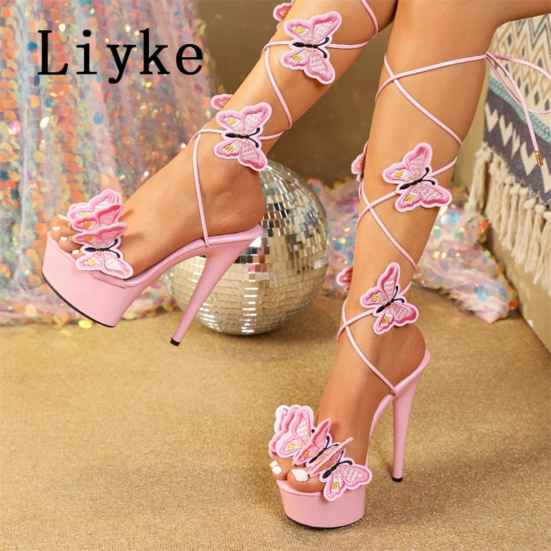 AE072416 Liyke New Pink Yellow Cross Strap Platform Sandals Women Handmade Embroidery Butterfly Open Toe Elegant High Heels Shoes - jurk.store