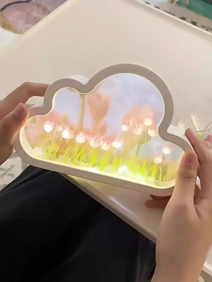 27062455 DIY Cloud Tulip LED Night Light Girl Bedroom Ornaments Creative Photo Frame Mirrored Table Lamps Bedside Handmade Birthday Gifts - jurk.store