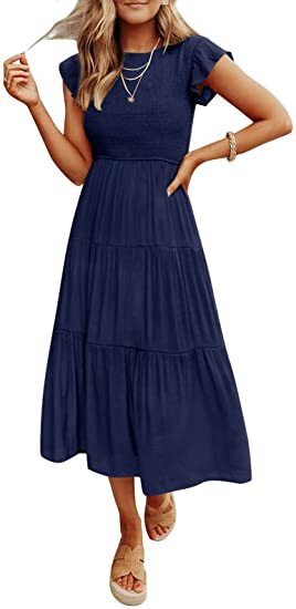 11072462 Women's flying sleeve pleated layered short sleeved large hem dress - jurk.store