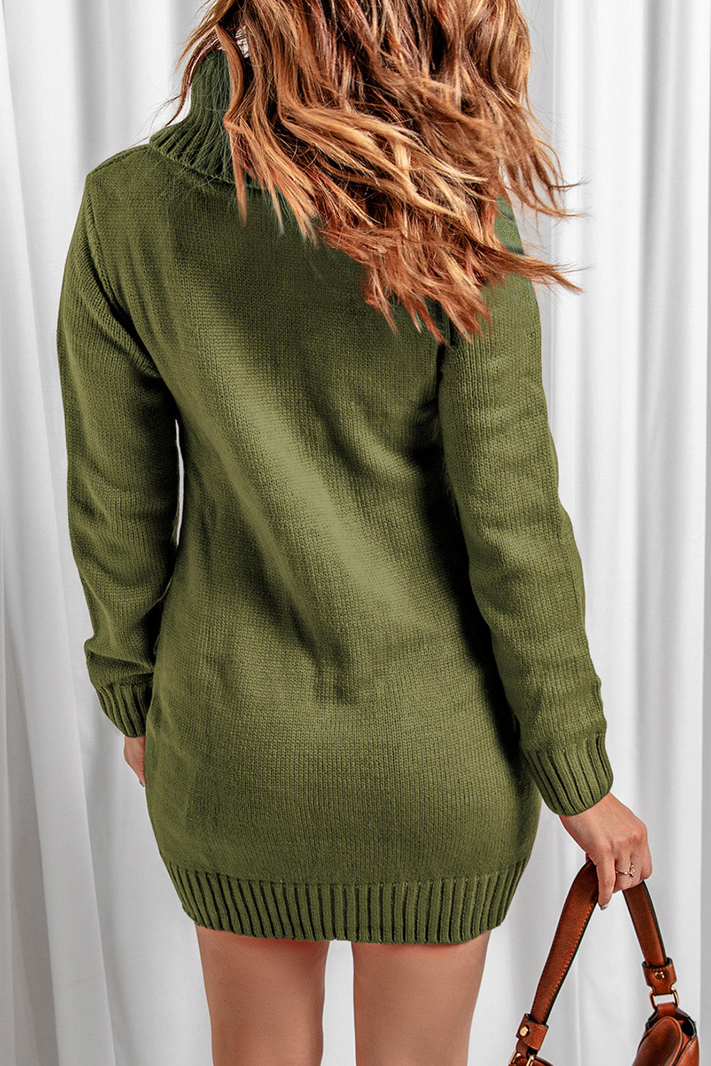 12072443 Olive Cowl Neck Cable Knit Sweater Dress - jurk.store