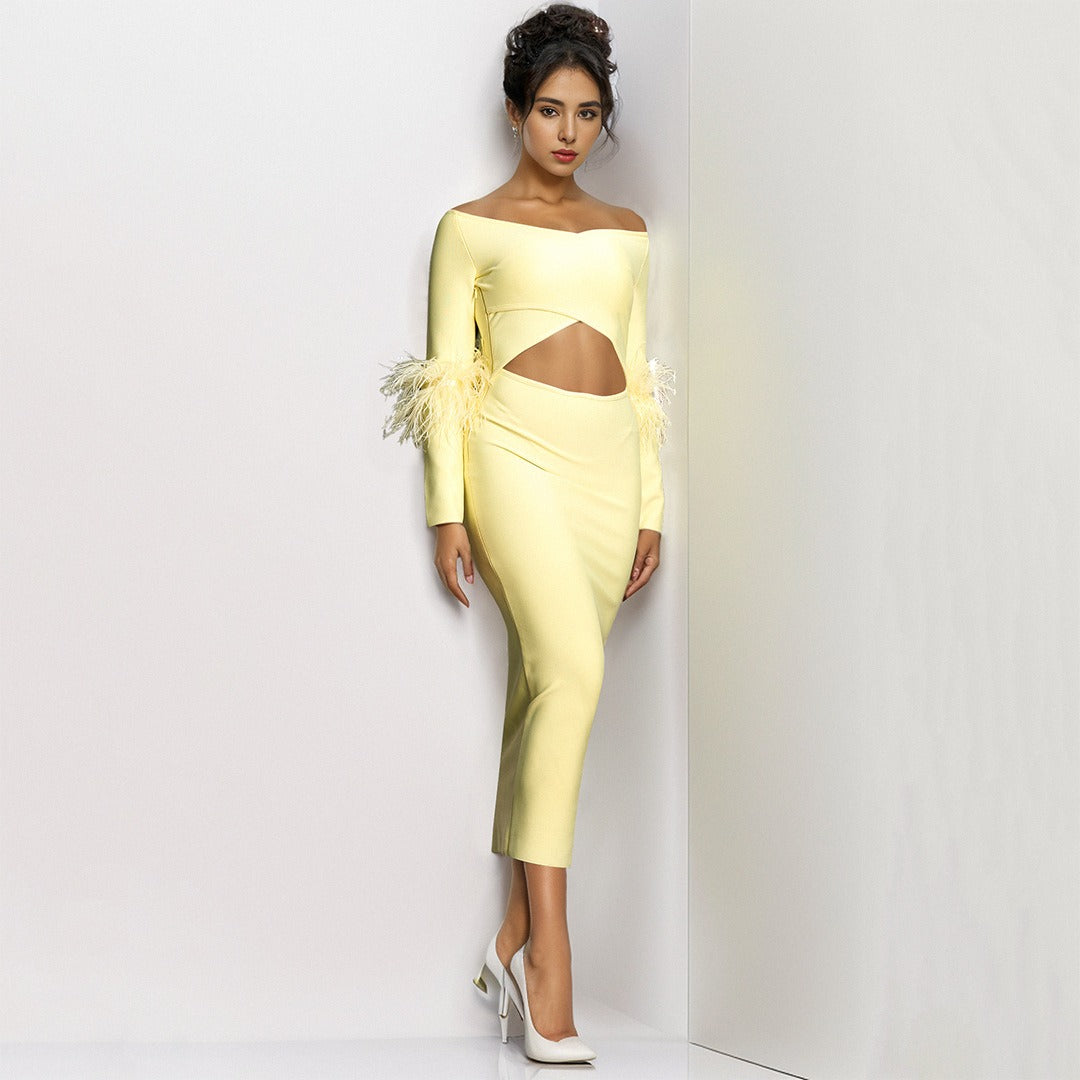 14072468 French yellow long sleeved elastic feather cuffs bandage dress, European and American fashion spring long skirt, feminine temper - jurk.store