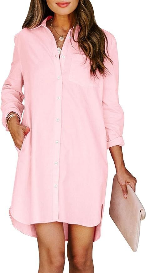 11072453 Women's button up shirt dress with pockets, cotton button up waist tied long sleeved solid color high and low shirt - jurk.store