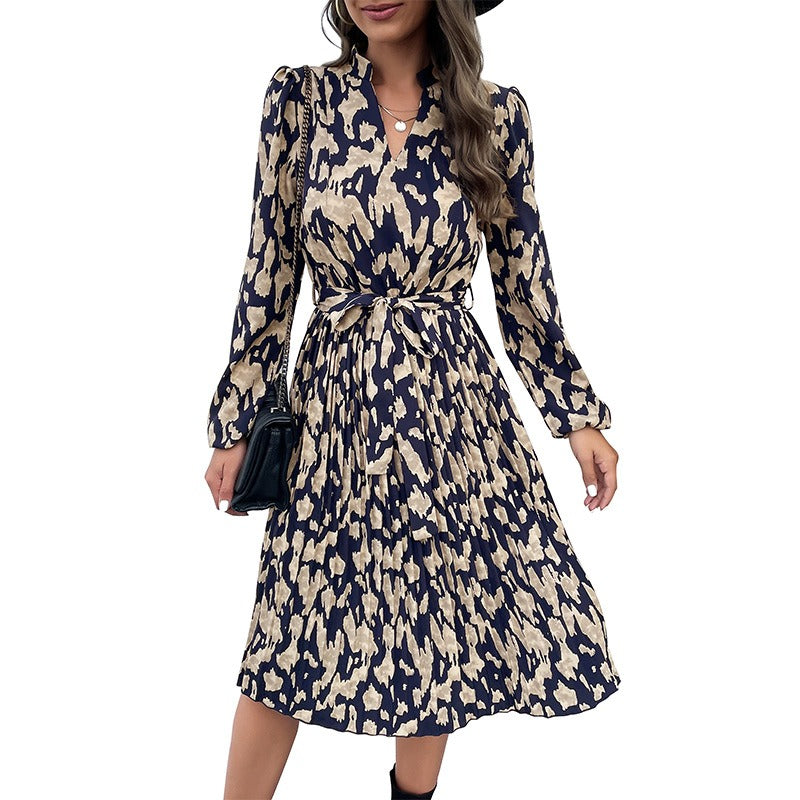 11072497 Fashion women's autumn new pleated printed long sleeved dress - jurk.store