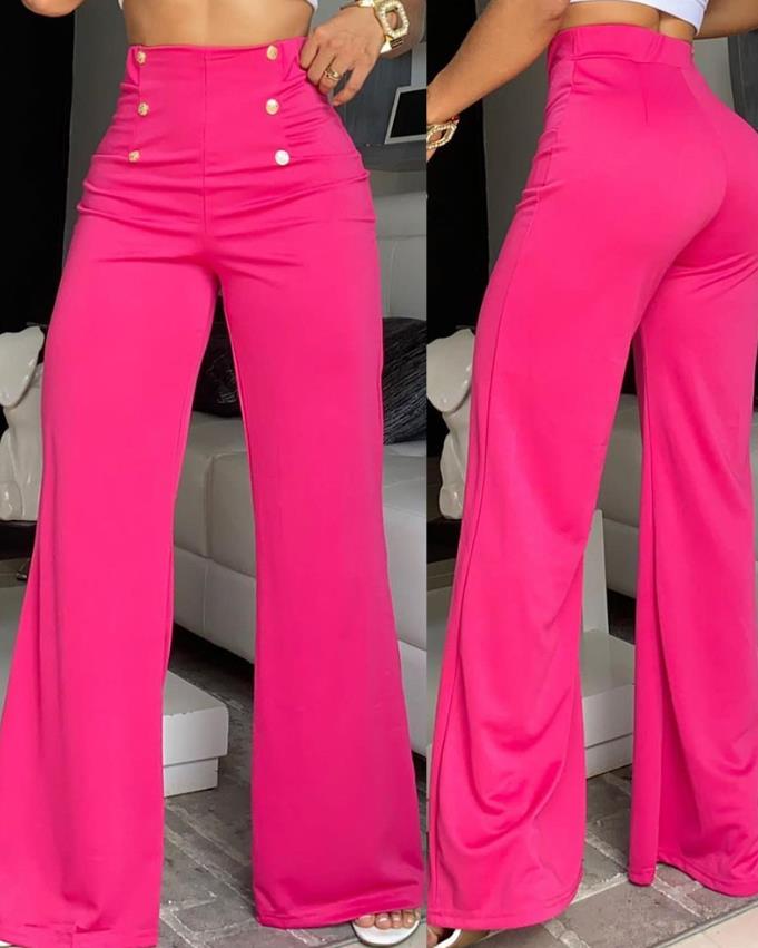 15072424 European and American Women's New Breasted Decorative Wide Leg Pants Rose Red Pants - jurk.store