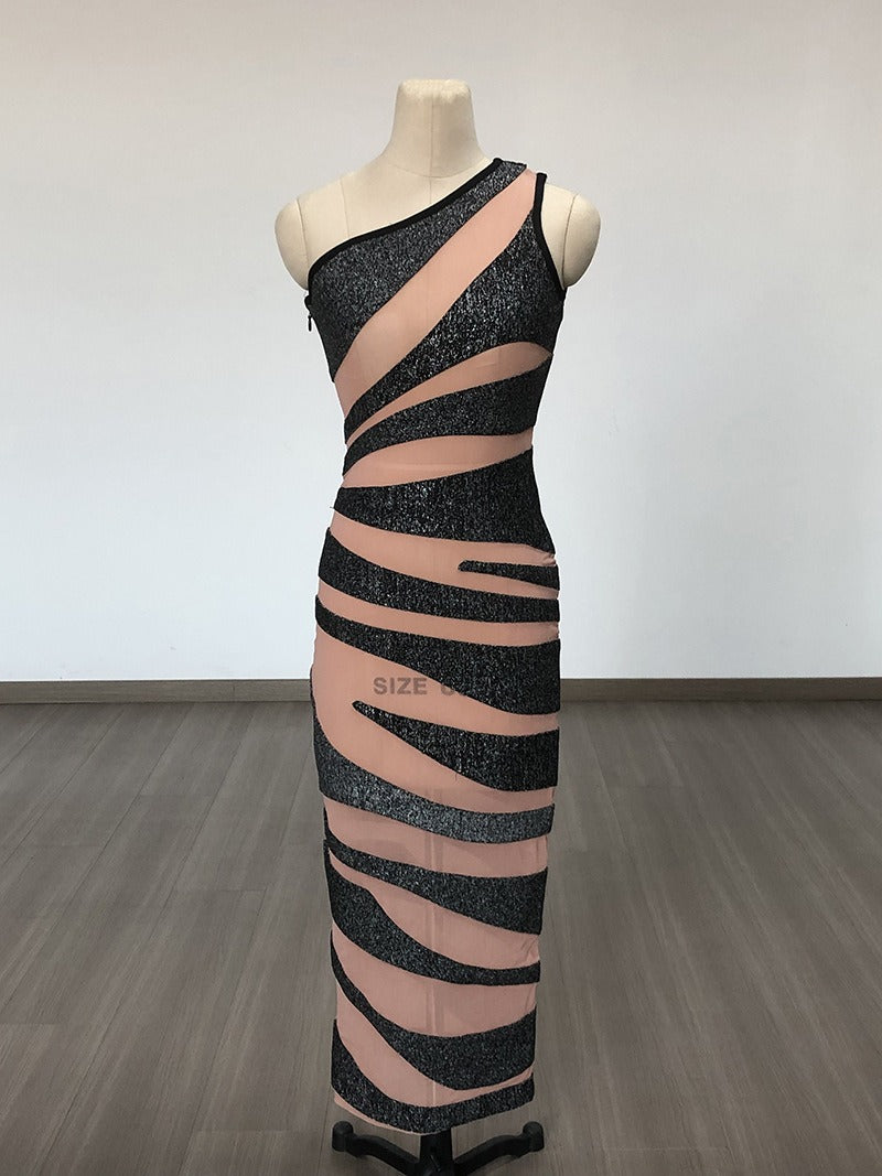 14072451 Single Shoulder Mesh Silver Stripe Sexy Tight Bandage Long Party Dress - jurk.store