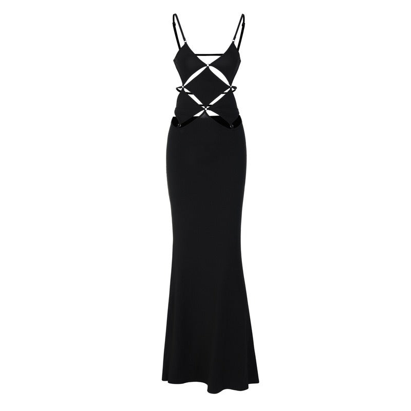 14072479 Fashionable and sexy solid color slim fit backless suspender dress - jurk.store