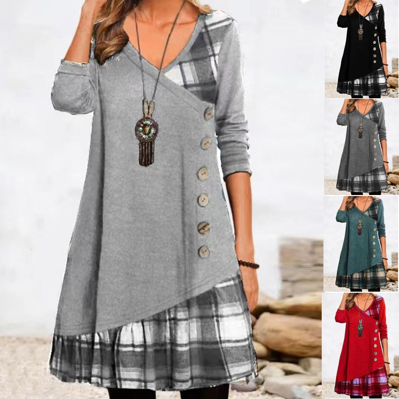 14072465 Women's casual patchwork button up long sleeved dress - jurk.store