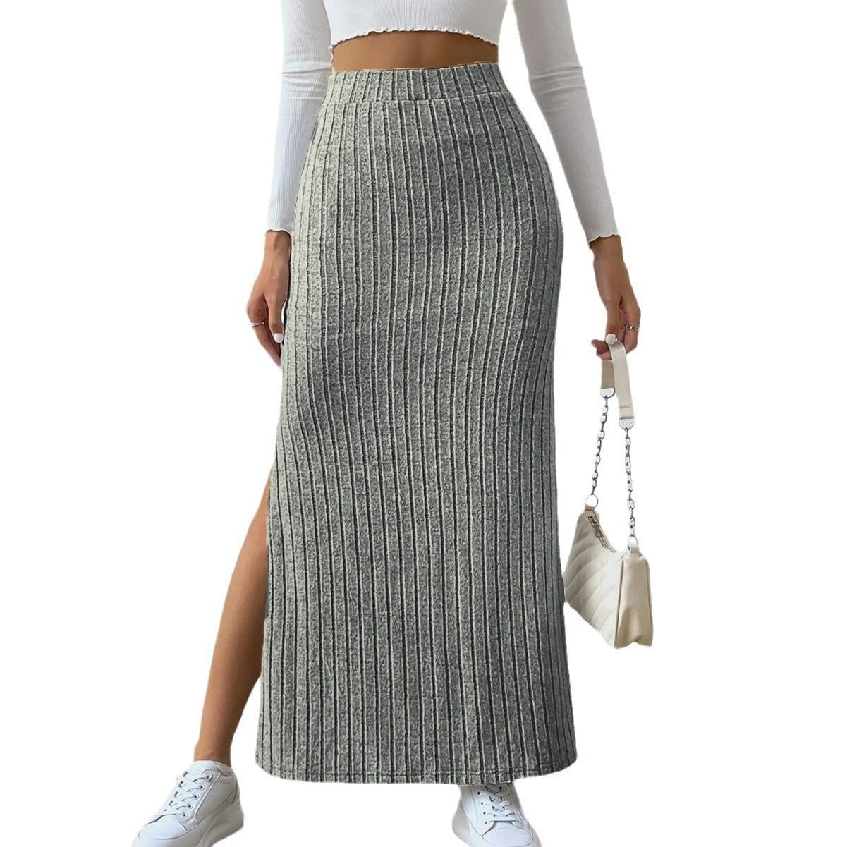 13072476 High waist side slit slim fit knitted skirt women's culottes - jurk.store