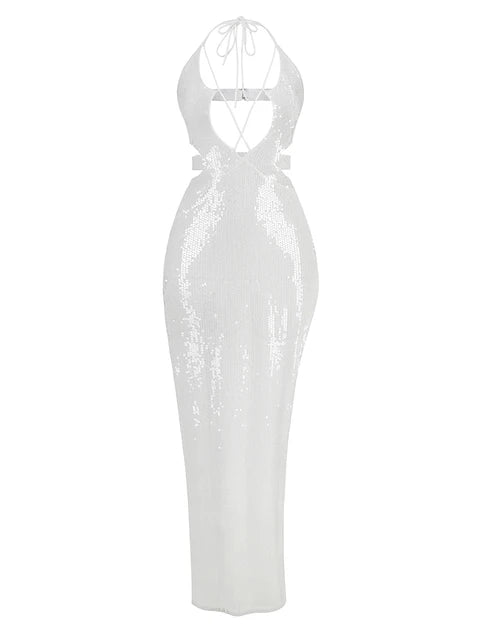 11072439 Fashion Party Dress Women Sexy Hollow Out Sleeveless White Sequins Tight Long Dresses Vestidos - jurk.store