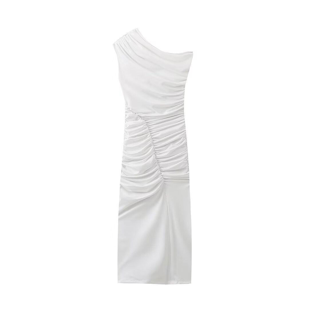 14072438 Sexy women's split temperament pleated decoration elastic asymmetrical sleeveless dress - jurk.store