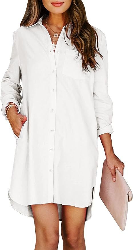 11072453 Women's button up shirt dress with pockets, cotton button up waist tied long sleeved solid color high and low shirt - jurk.store