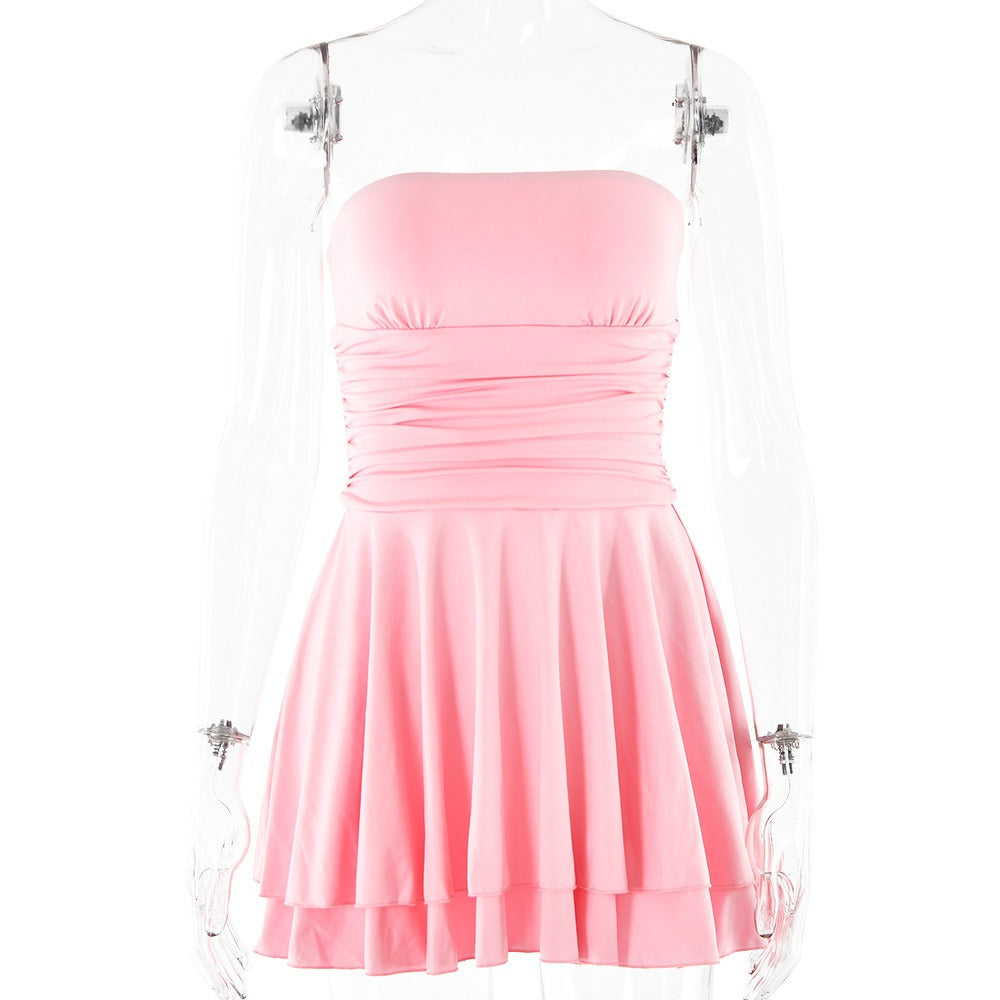 13072413 One line neckline strapless high waisted short skirt - jurk.store