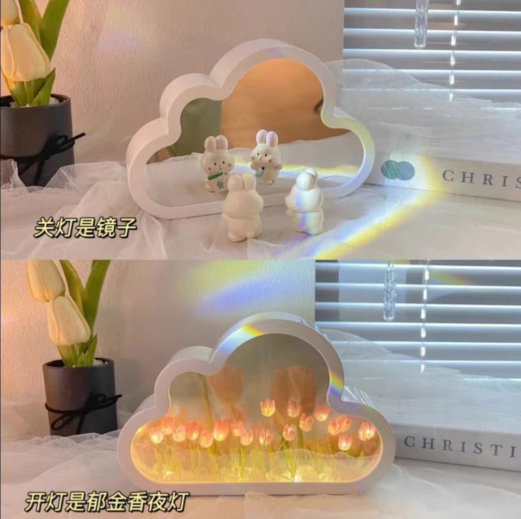 27062455 DIY Cloud Tulip LED Night Light Girl Bedroom Ornaments Creative Photo Frame Mirrored Table Lamps Bedside Handmade Birthday Gifts - jurk.store