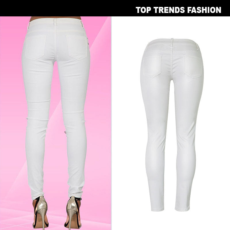 15072416 White Faux Leather Denim Pencil Pants With Multi-Zip Motorcycle Style - jurk.store