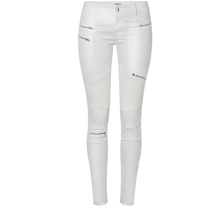 15072416 White Faux Leather Denim Pencil Pants With Multi-Zip Motorcycle Style - jurk.store