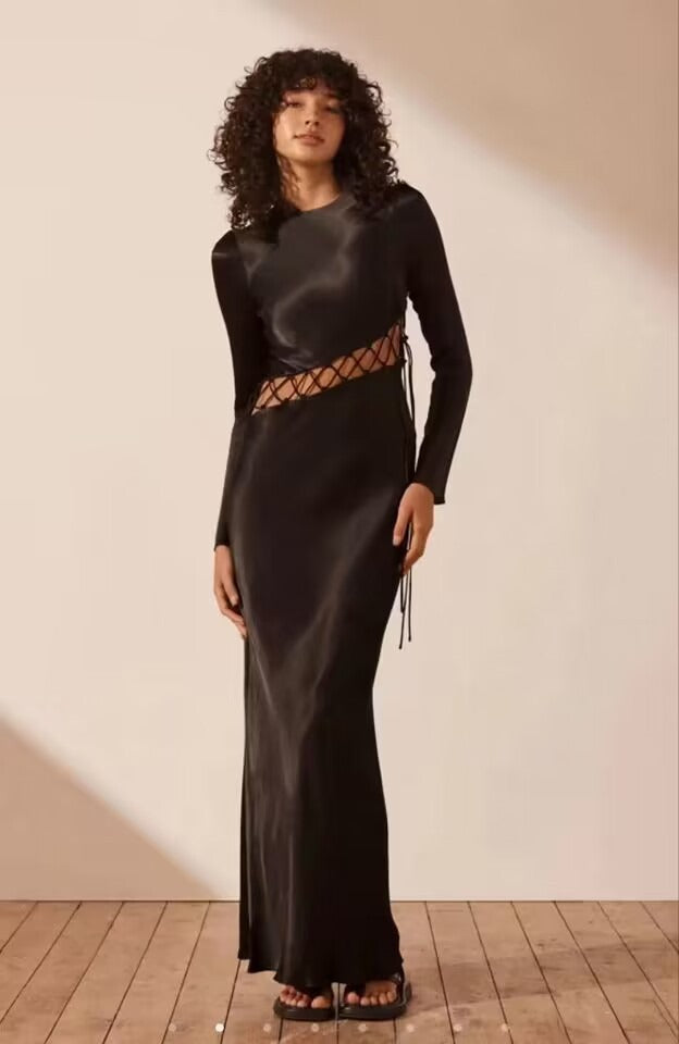 12072492 Crossed lace up hollowed out waist, elegant and hip wrapped dress, long skirt - jurk.store