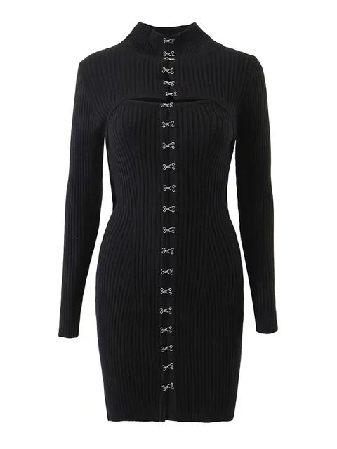 11072441 Autumn Winter Fashion Original Design Metal Buckle Knitted Shoulder Sleeve Short Dresses Two-piece Sets Women - jurk.store