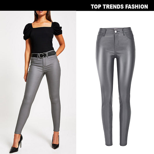 15072417 Women's High Waist Slim Fit Stretch Coated Noble Grey Faux Leather Pants Denim Skinny Pants PU Pocket Motorcycle Model - jurk.store