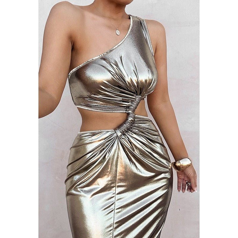 14072471 Sexy Diagonal Shoulder Open Waist Hollow Imitation Metal Coating Dress for Women - jurk.store