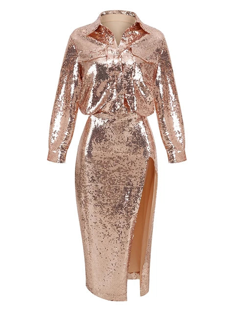 12072441 Sexy sequin skirt set with a chest wrapped vest and buttocks wrapped long skirt two-piece set - jurk.store