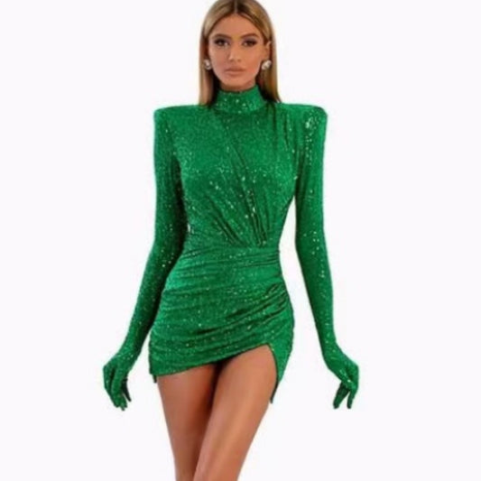 13072460 Green sequin velvet sleeves small high necked dress fashionable party performance dress - jurk.store