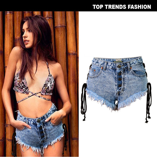 15072431 Women's Summer High Waist Breasted Frayed Double Side Lace Ladies Denim Shorts Hot Pants - jurk.store