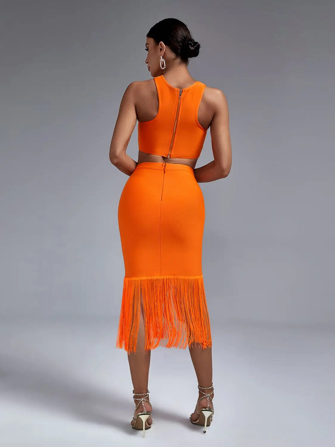 12072452 Bandage Two Piece Set Top and Skirt Women Elegant Sexy Fringed Orange 2 Piece Set Birthday Evening Party Club Outfits Summer - jurk.store