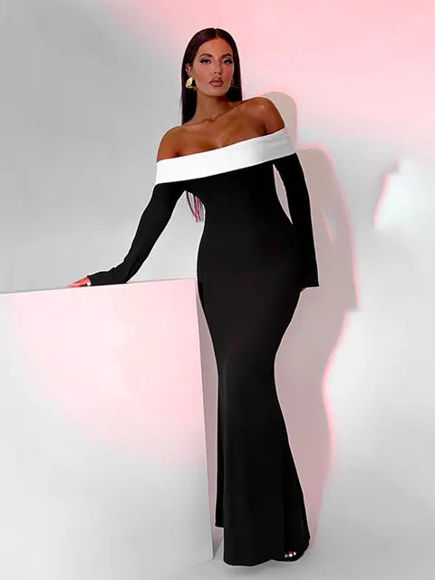 11072489 Shoulder Contrast Color Knitted Maxi Dress Women Long Sleeve Bodycon Dresses Summer Female Chic Party Evening Robe - jurk.store