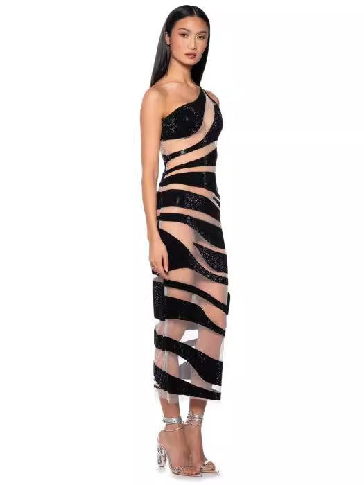 14072451 Single Shoulder Mesh Silver Stripe Sexy Tight Bandage Long Party Dress - jurk.store