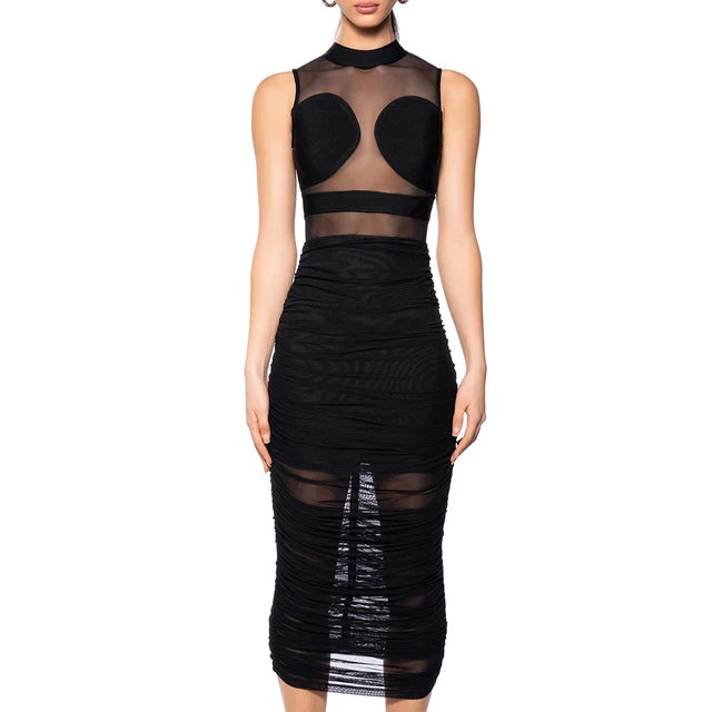 12072429 Celebrity Party Dresses For Women Sexy See Through Mesh Patchwork Bodycon Black Bandage Draped Stretch Dress - jurk.store