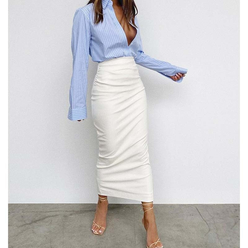 12072488 Artsu  Elegant Fashion Ruched PU Leather Midi Skirts Women Clubwear Party Office Lady High Waist Skirts Bottom Clothes - jurk.store