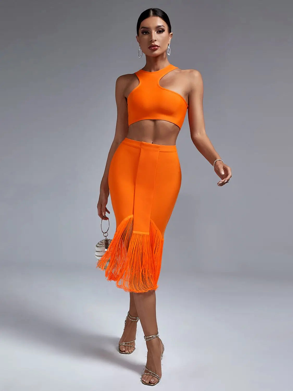 12072452 Bandage Two Piece Set Top and Skirt Women Elegant Sexy Fringed Orange 2 Piece Set Birthday Evening Party Club Outfits Summer - jurk.store