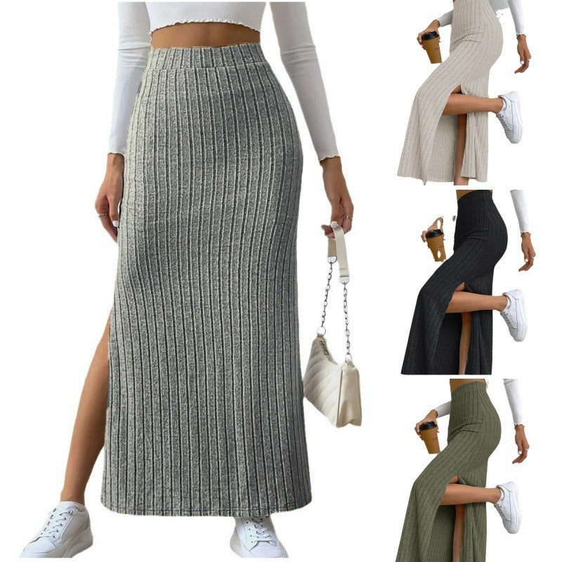 13072476 High waist side slit slim fit knitted skirt women's culottes - jurk.store