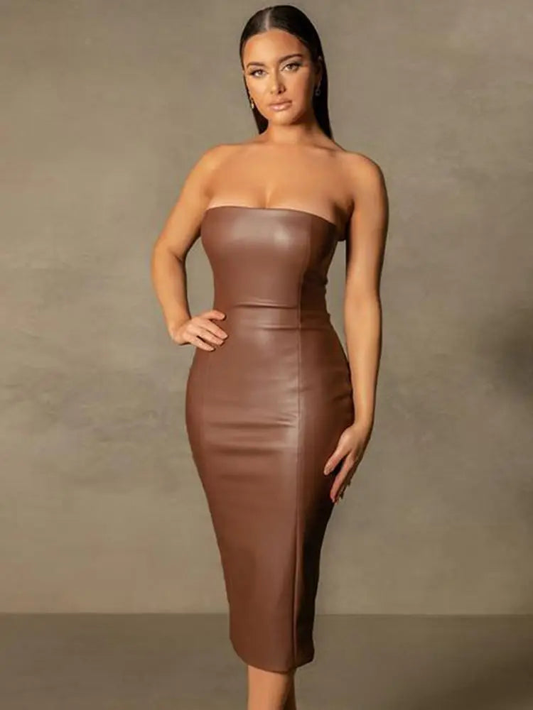 12072471 Pu Faux Leather Women Midi Party Dress Women Backless Sexy Hot Clubwear Skinny Slim Solid Fashion Elegant Bodycon Dresses - jurk.store