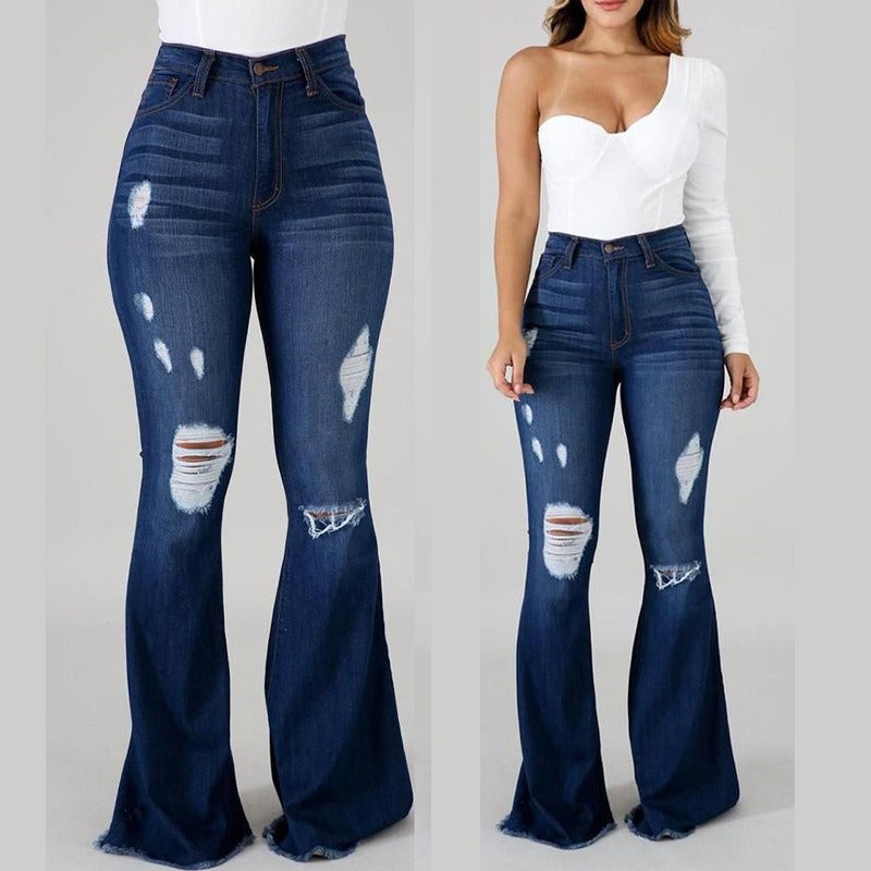 15072425 New High Waist Ripped Flared Jeans For Women Fashion Slim Hip Lift Stretch Denim Pants - jurk.store