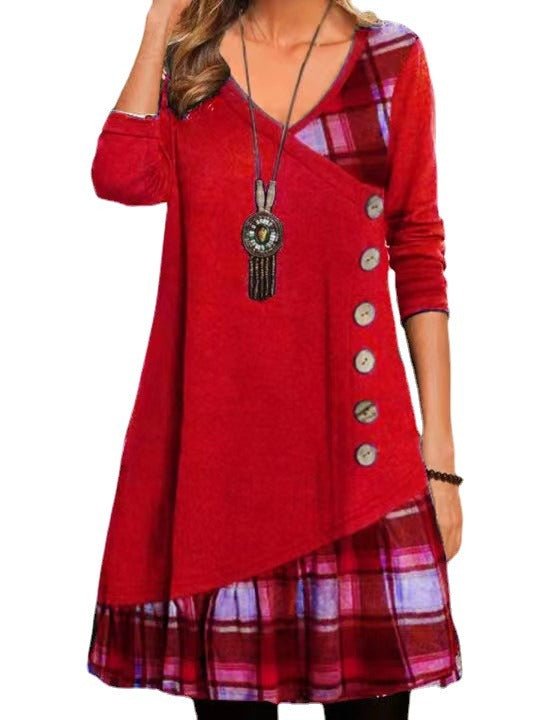 14072465 Women's casual patchwork button up long sleeved dress - jurk.store