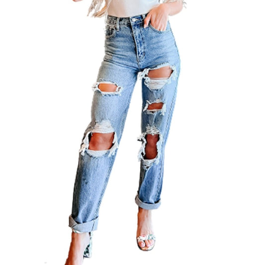 15072428 Trend Women's Jeans Blue Hight Waist Ripped Streetwear Fashion Casual Straight Denim Trousers - jurk.store