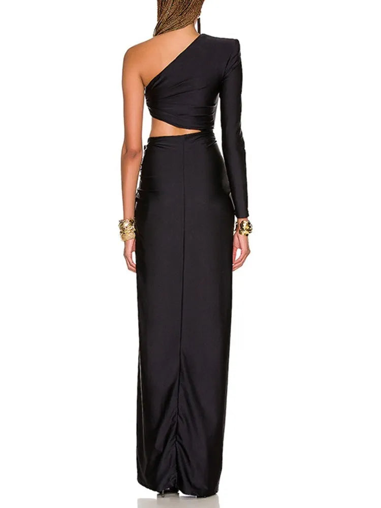 12072465 Black long sleeved hollowed out waist open stretch dress with sloping shoulders - jurk.store